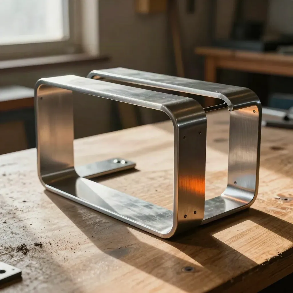 Steel frame with aluminium skin panels and finished brackets on a workshop bench.