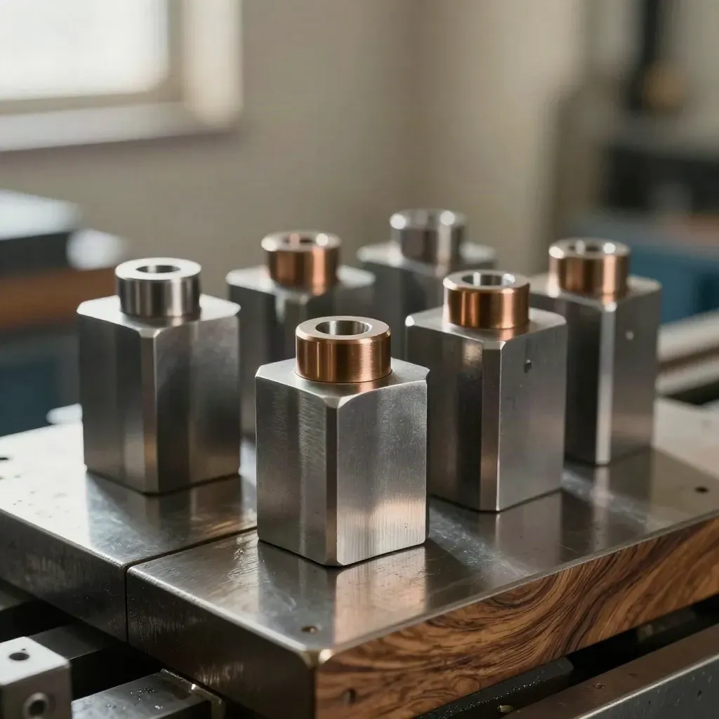 Machined aluminium mounts, bronze insert and steel locating blocks on a CNC bed.