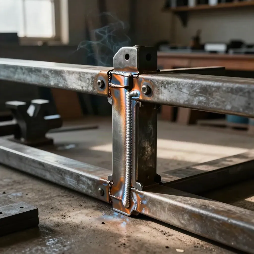 Repaired gate hinge and TIG bead in a moody workshop with warm window light.