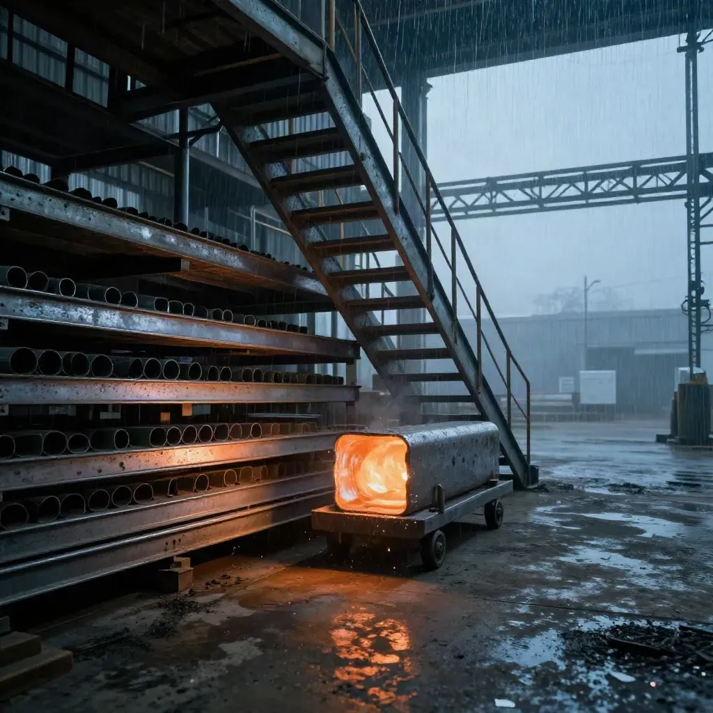 Low-angle fabrication bay with welded stair frame, fading sparks, and glowing steel offcut in haze.