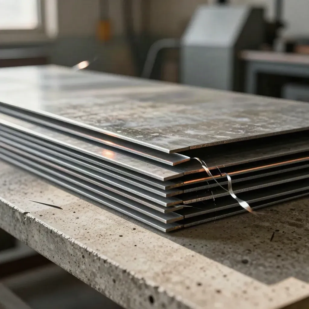 Fresh-cut steel plates and curling offcuts on a workshop bench, lit from upper left