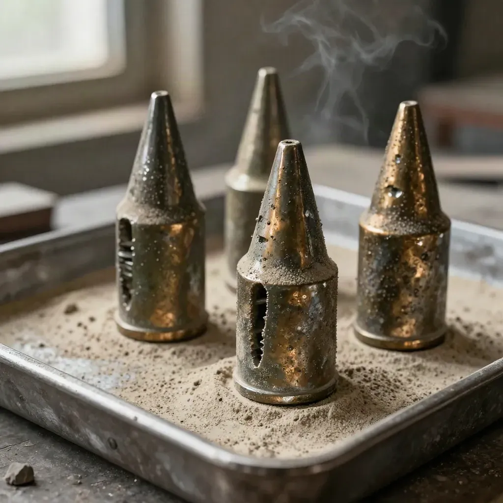Extreme macro of bronze cast fittings and cooling tray in a foundry haze.