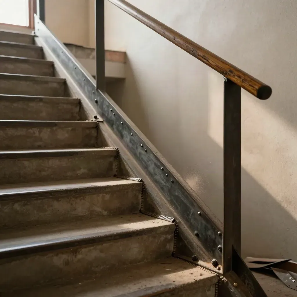 Reinforced steel stair stringer and repair plates in dusty late-afternoon industrial light