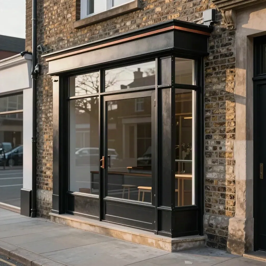 Black steel shopfront frame in a masonry opening with copper trim and soft reflections