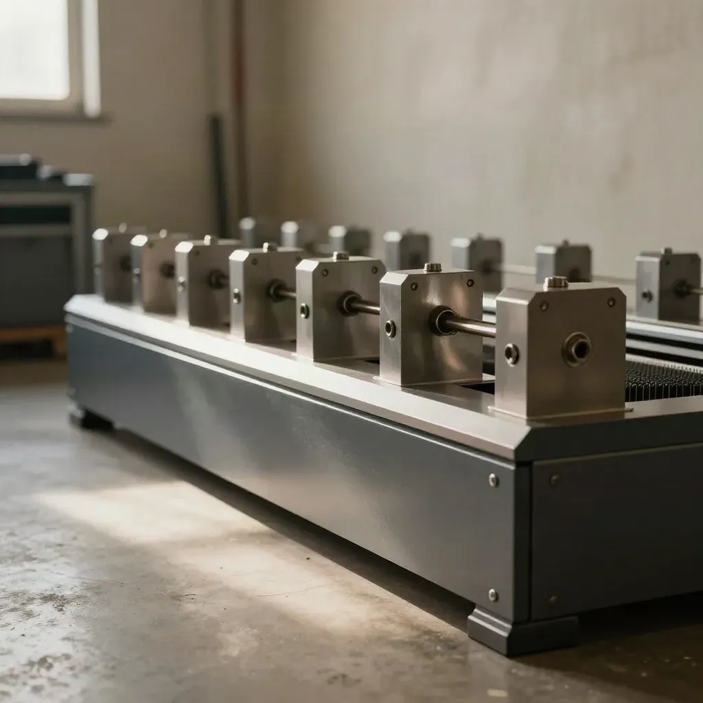 Aligned CNC-cut machine guard brackets on a charcoal machine enclosure in a calm workshop