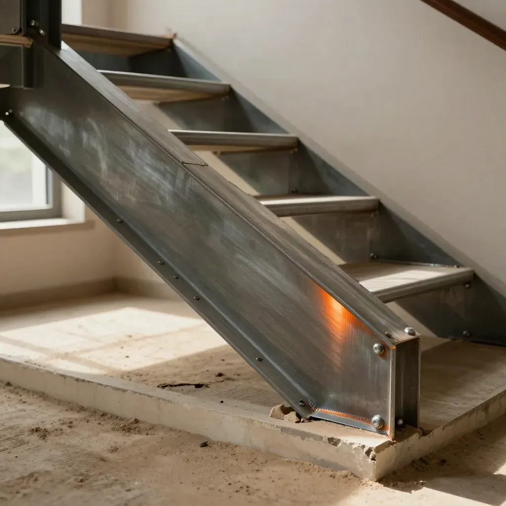 Repaired steel stair stringer and fresh tread run seen from below through hazy dust