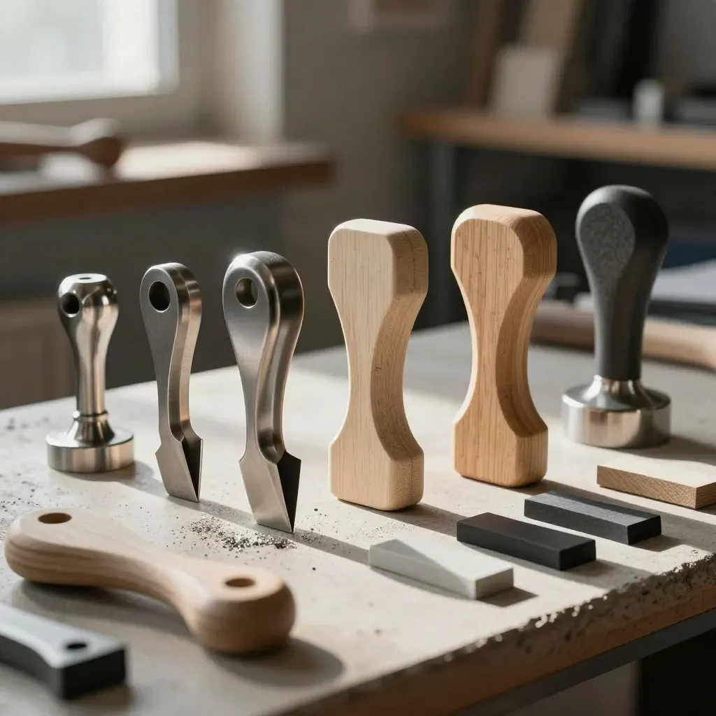 Cast handle prototypes lined up beside a sanded master pattern on a concrete bench.