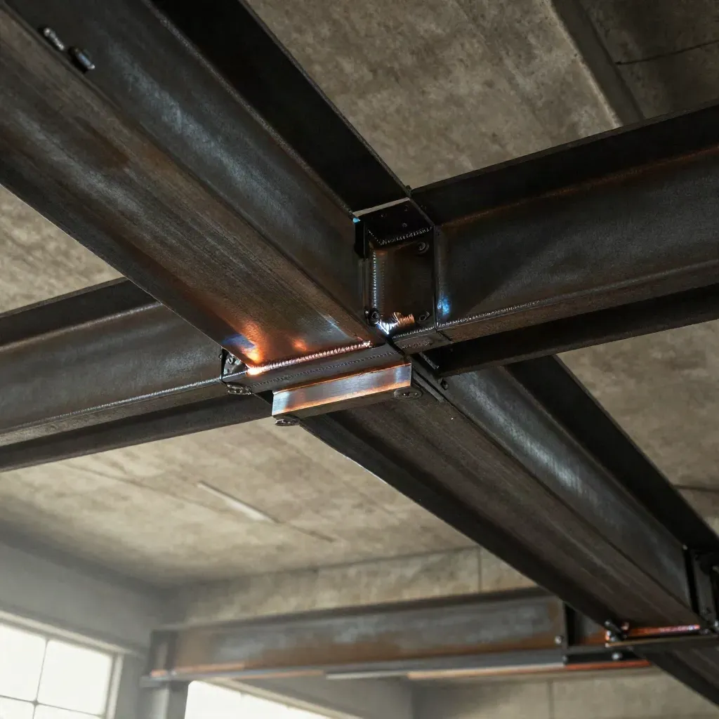 Low-angle view of repaired roof beam plates in a moody steel workshop, dust in pale light.