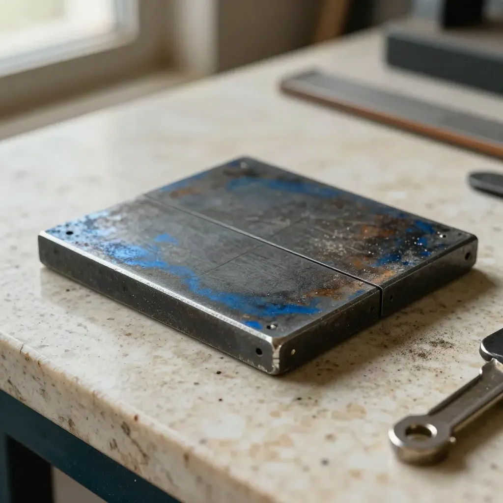 Macro still life of an engineer's square, steel offcut and scribed block on a dusty fabrication bench.