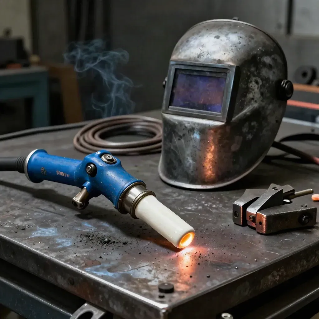 Heat-blued MIG torch beside a spatter-marked welding mask on a scorched steel bench.