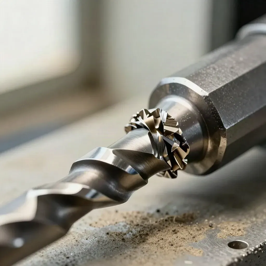 Close-up of end mills, collets and aluminium chips beside a steel tool holder on a machine bench.