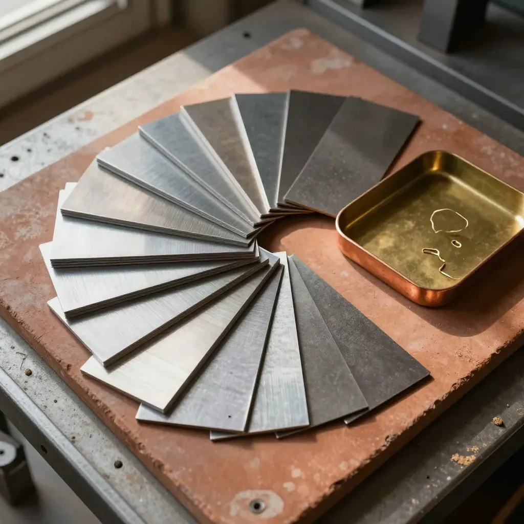 Overhead steel sample coupons and brass cut blanks on a terracotta bench in soft daylight