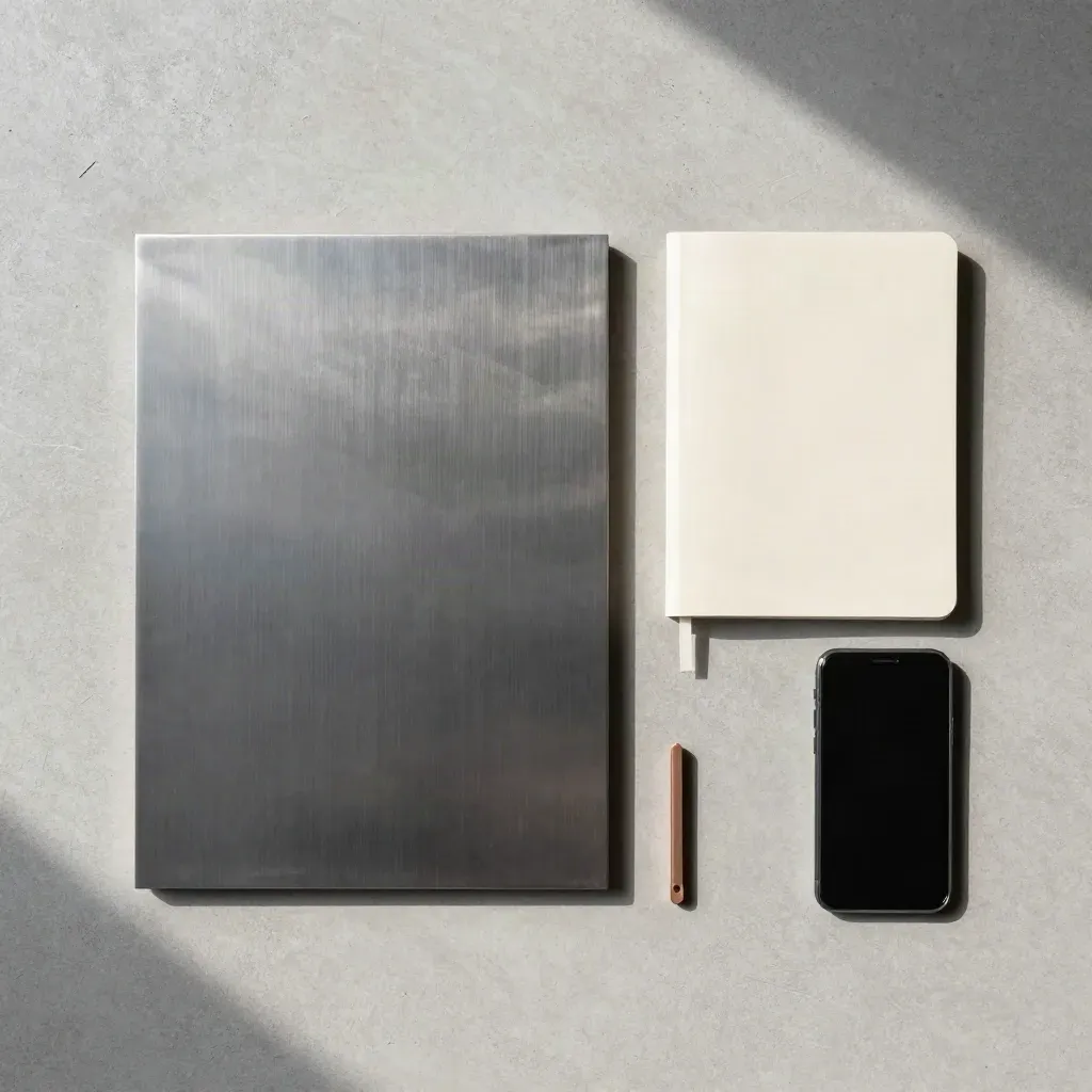 Steel sample plate with notebook and face-down phone on concrete, lit softly from one side.