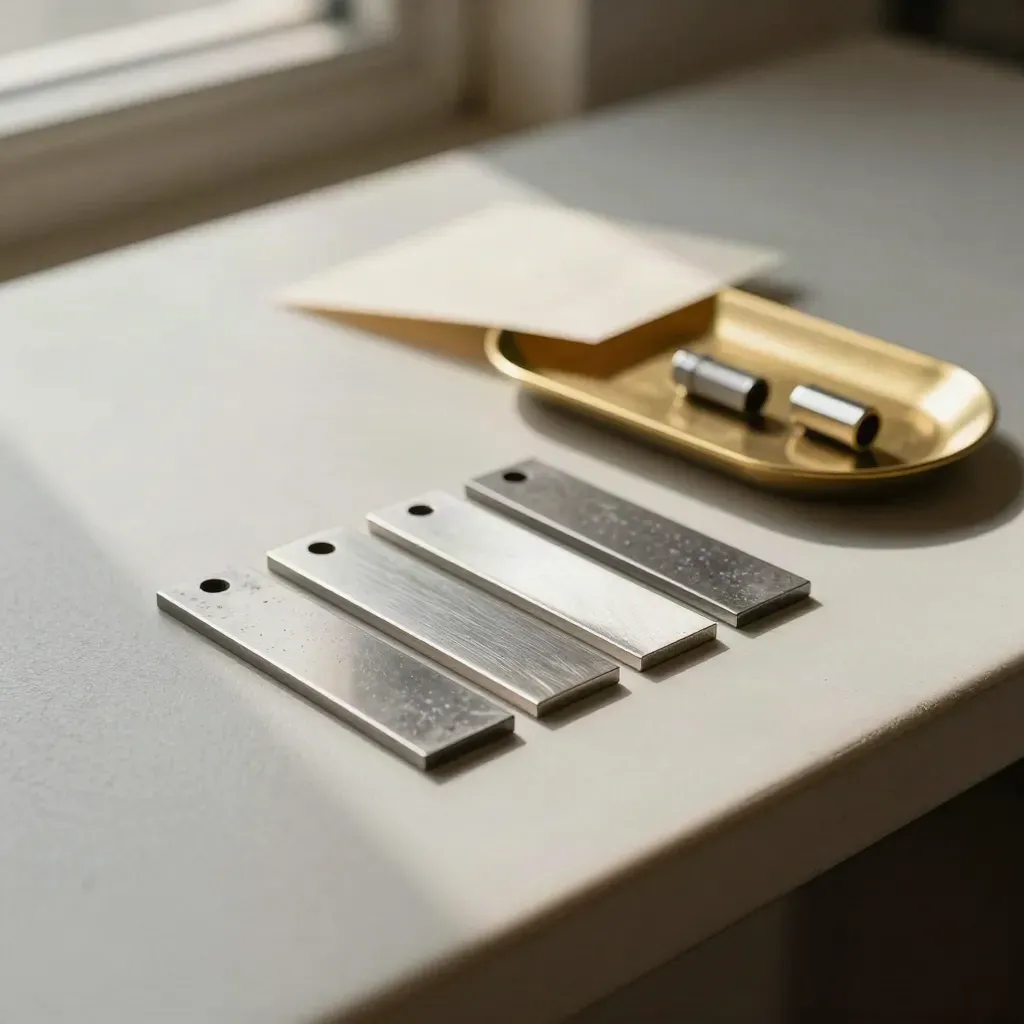 Steel sample coupons and brass tray on pale ash wood, side-lit and neatly arranged