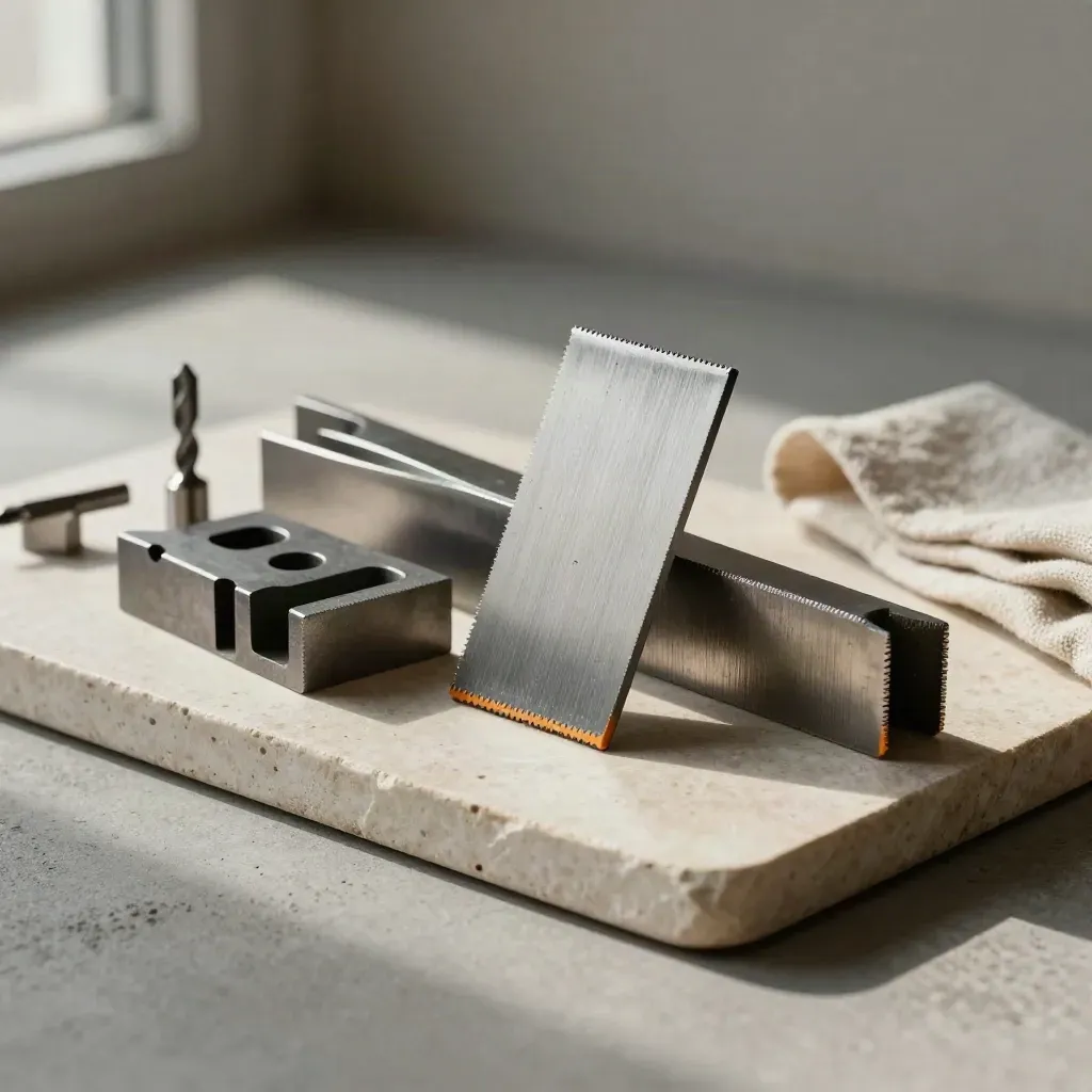 Bracket blanks, machined insert and drill bits on a stone tray, softly lit