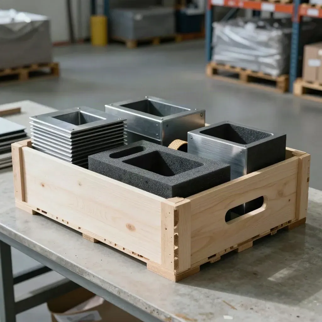 Steel parts packed in foam cut-outs inside a crate on a pale concrete bench.