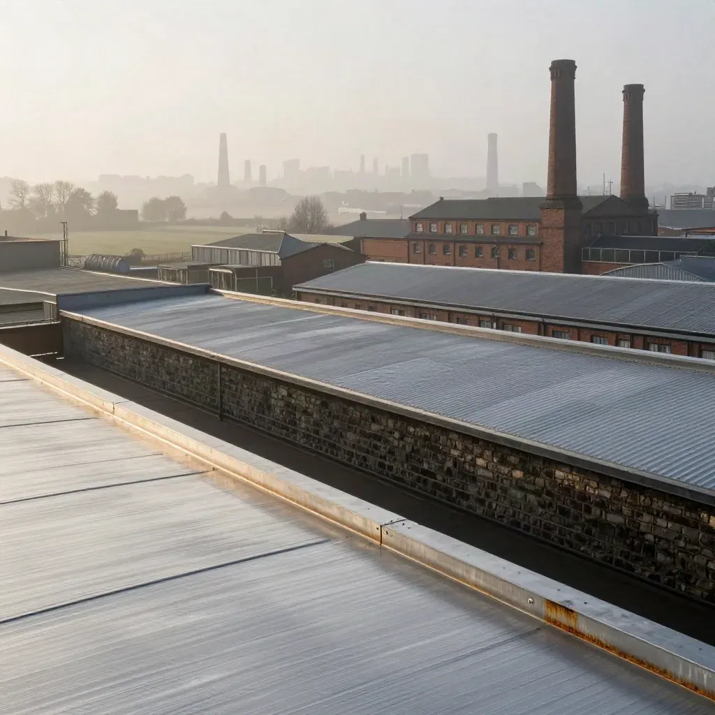 Sheffield mills and brushed steel under warm dawn haze with calm misty valley space for copy
