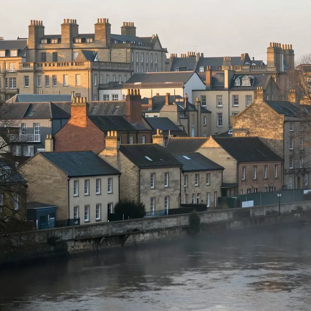 Nottingham rooftops and riverfront buildings in soft dawn haze