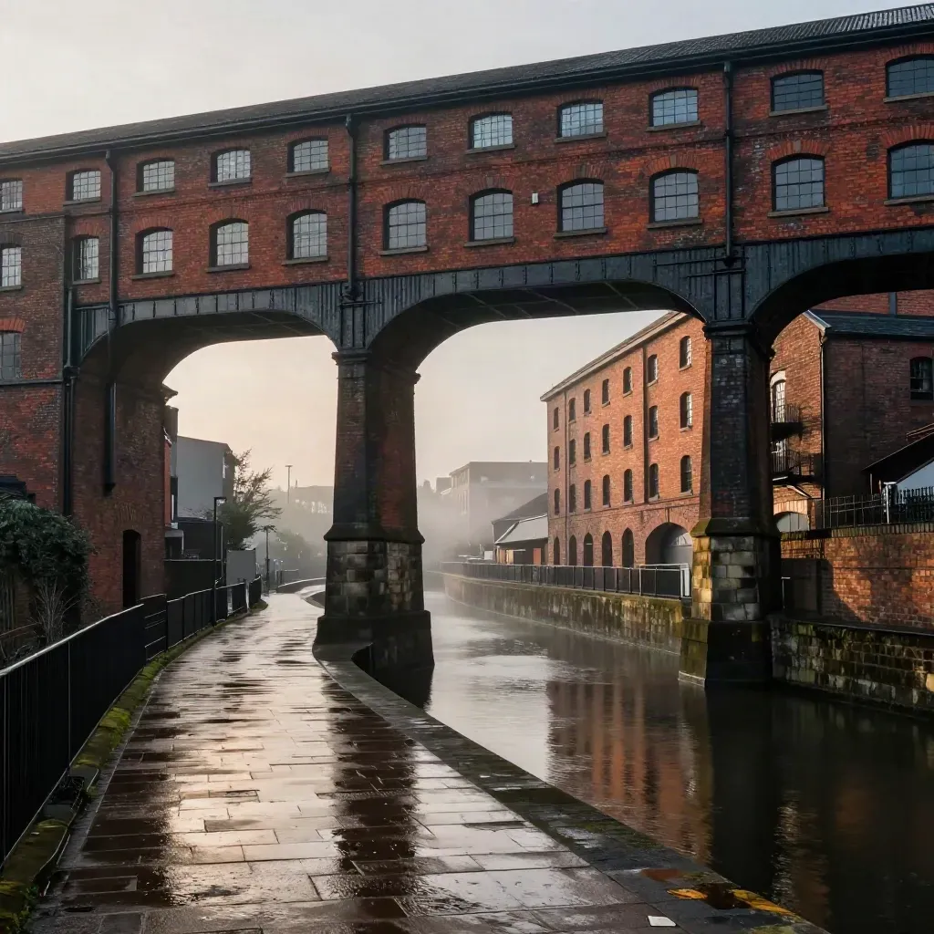 Rain-slick Birmingham canal warehouses and viaducts glowing at golden hour over misty water.