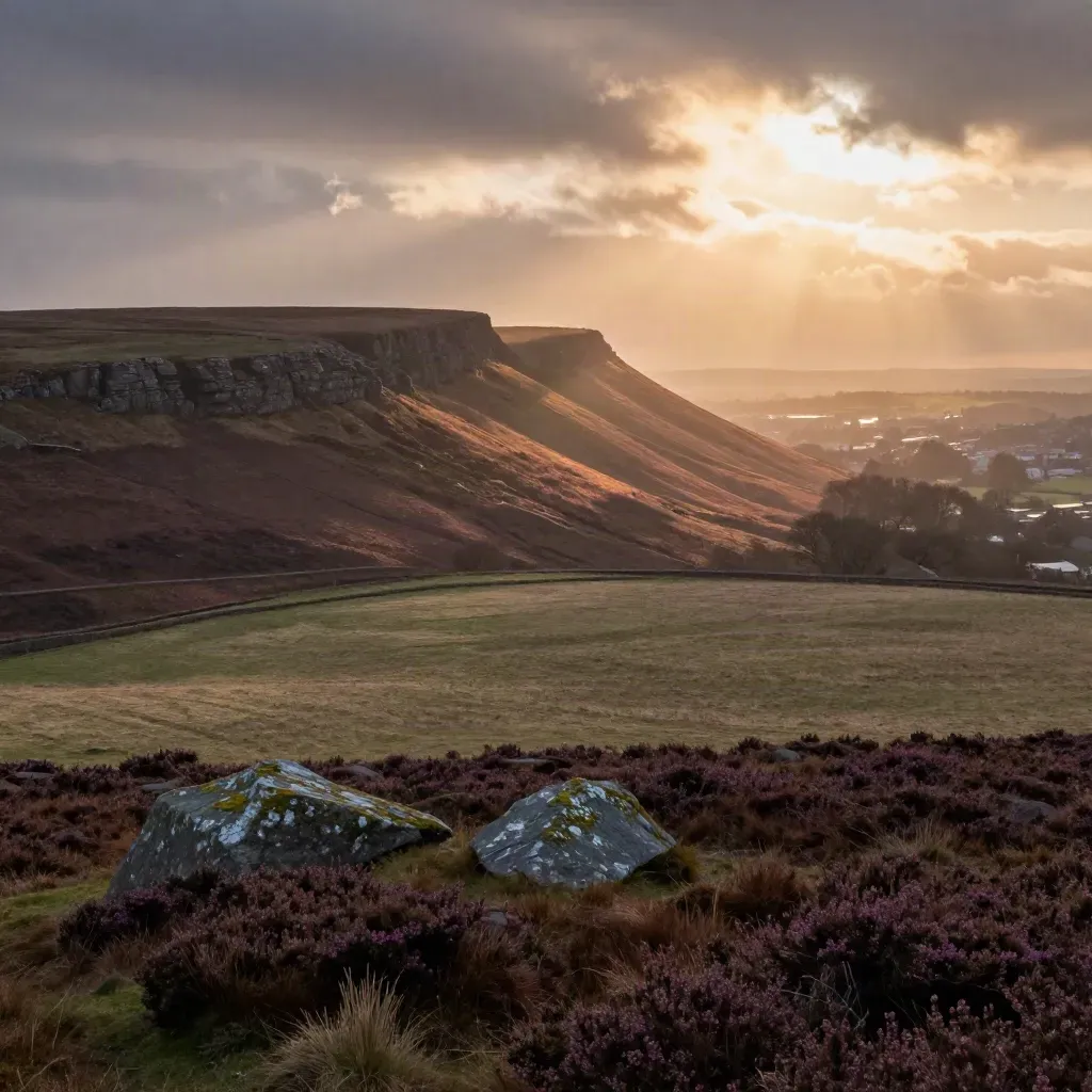 Pennine ridge at sunset with distant Manchester haze over layered moorland